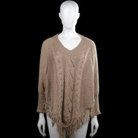 Poncho - Taupe - Size XL - Taupe solid knit top with a V-neck and long sleeves with ribbed cuffs. Features a pointed asymmetrical hem with fringe trim.