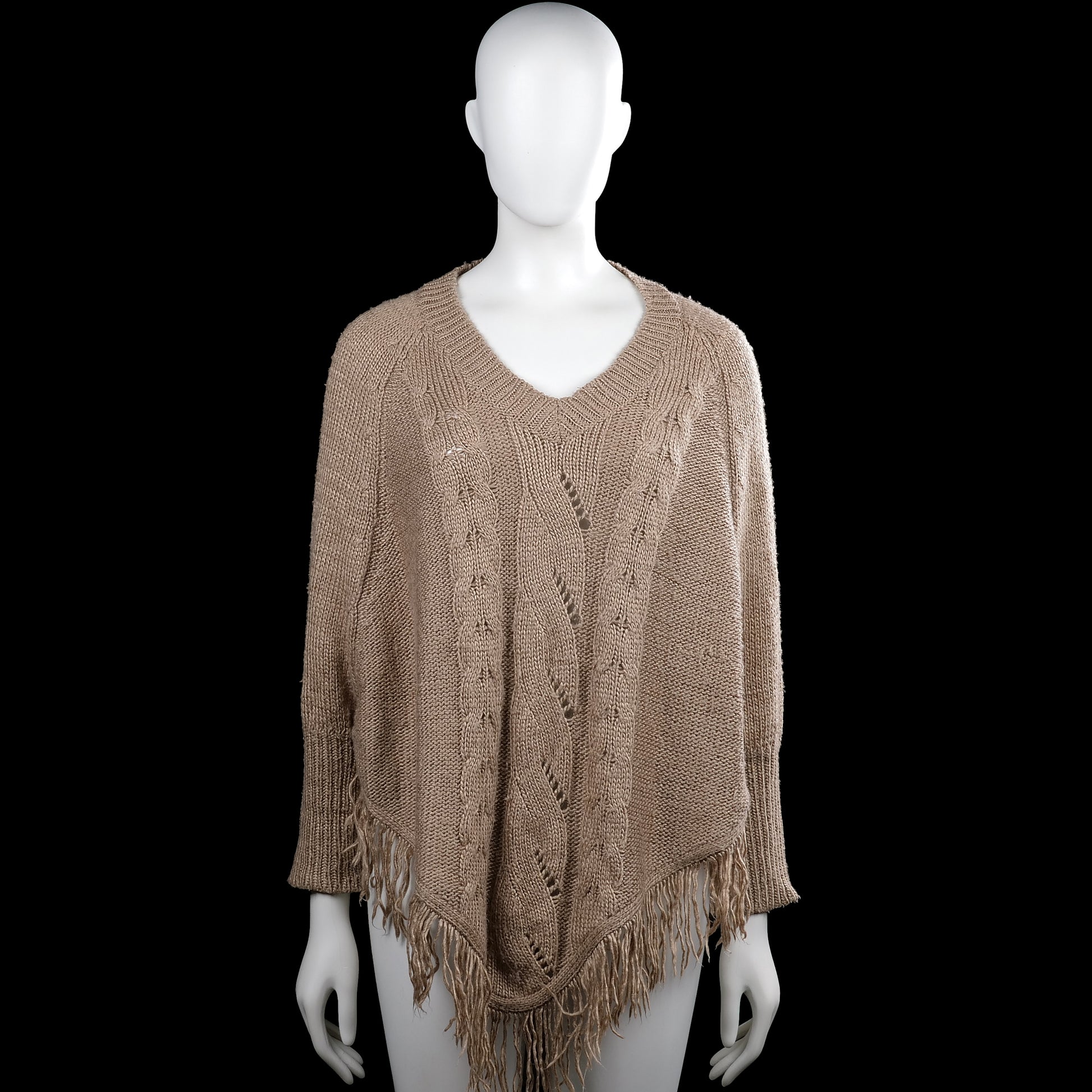 Poncho - Taupe - Size XL - Taupe solid knit top with a V-neck and long sleeves with ribbed cuffs. Features a pointed asymmetrical hem with fringe trim.