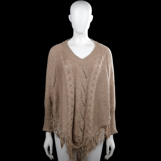 Poncho - Taupe - Size XL - Taupe solid knit top with a V-neck and long sleeves with ribbed cuffs. Features a pointed asymmetrical hem with fringe trim.