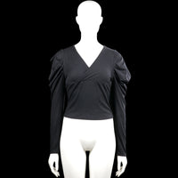 Shein - Long-sleeve top - Black - Size S - Black solid top with a V-neckline and long sleeves with ruched, puffed shoulders. Straight hem with no visible closures.