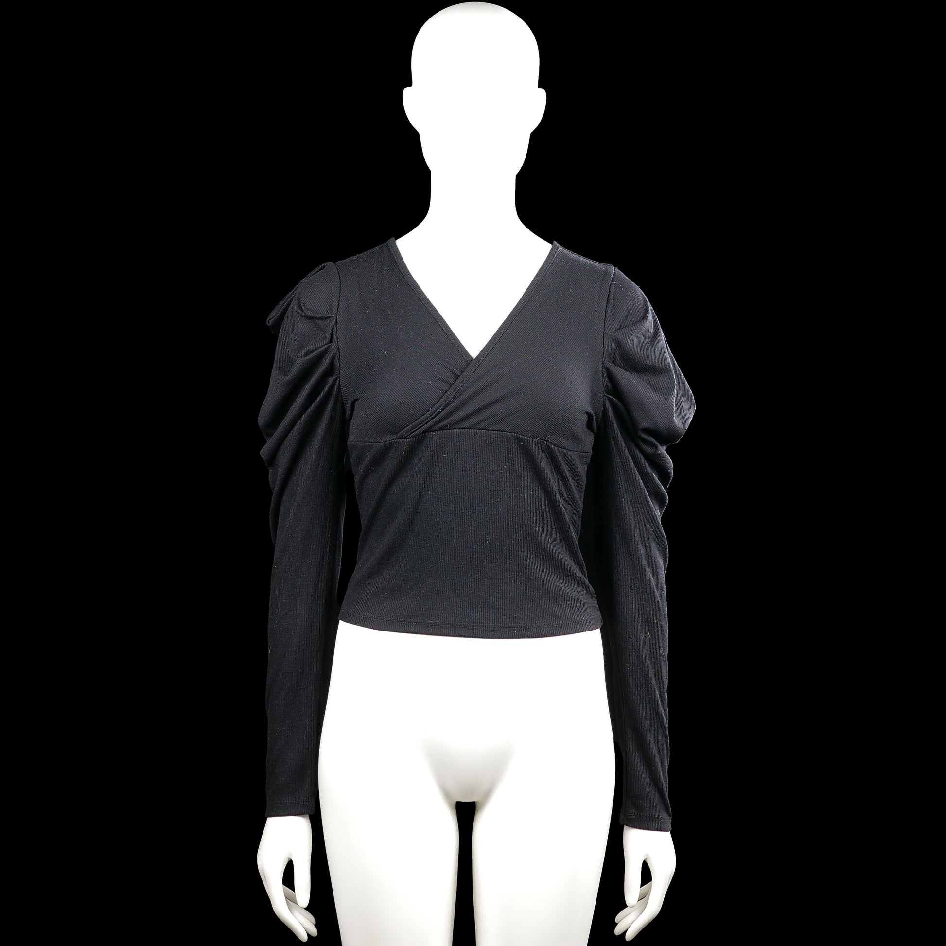 Shein - Long-sleeve top - Black - Size S - Black solid top with a V-neckline and long sleeves with ruched, puffed shoulders. Straight hem with no visible closures.