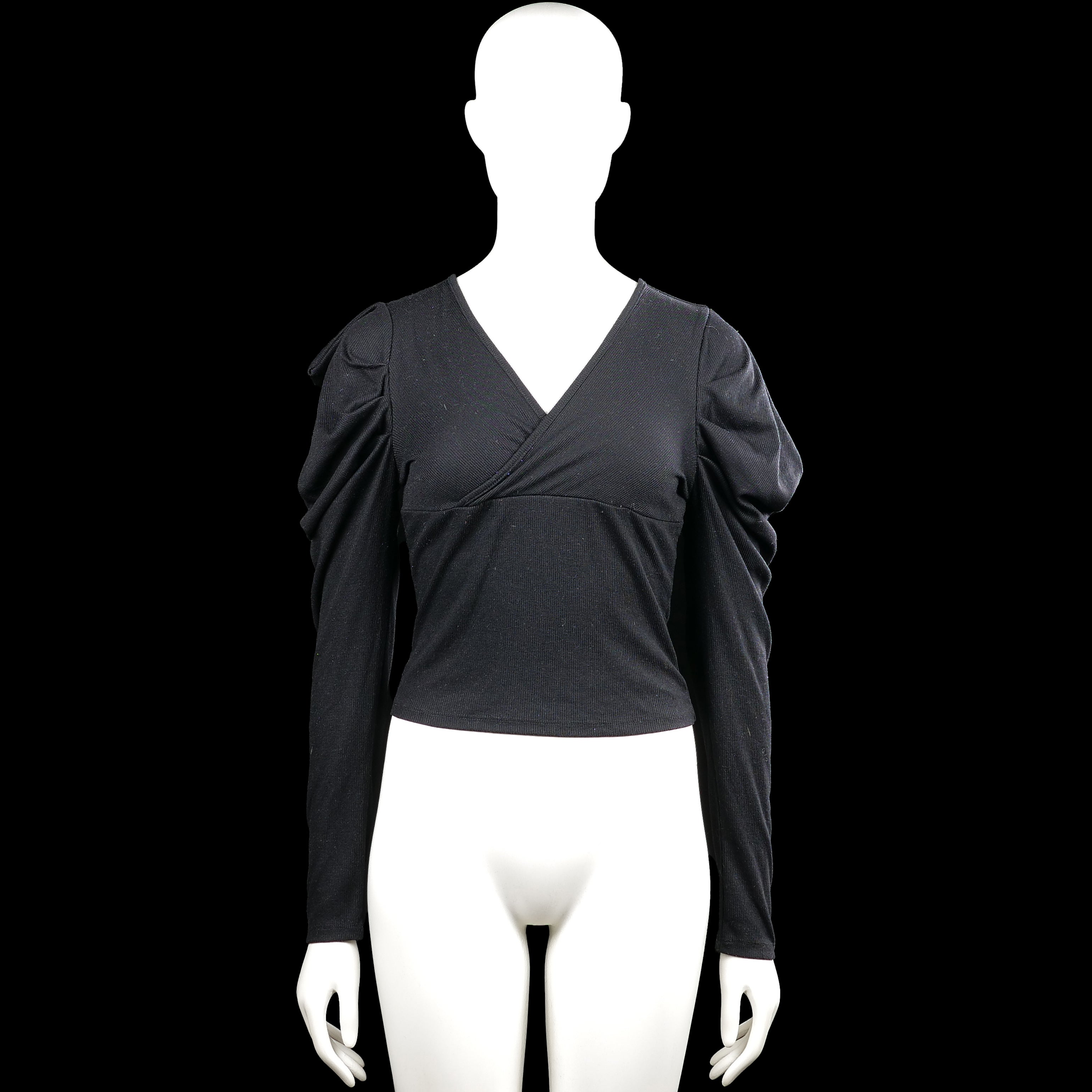 Shein - Long-sleeve top - Black - Size S - Black solid top with a V-neckline and long sleeves with ruched, puffed shoulders. Straight hem with no visible closures.