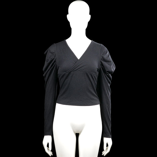 Shein - Long-sleeve top - Black - Size S - Black solid top with a V-neckline and long sleeves with ruched, puffed shoulders. Straight hem with no visible closures.