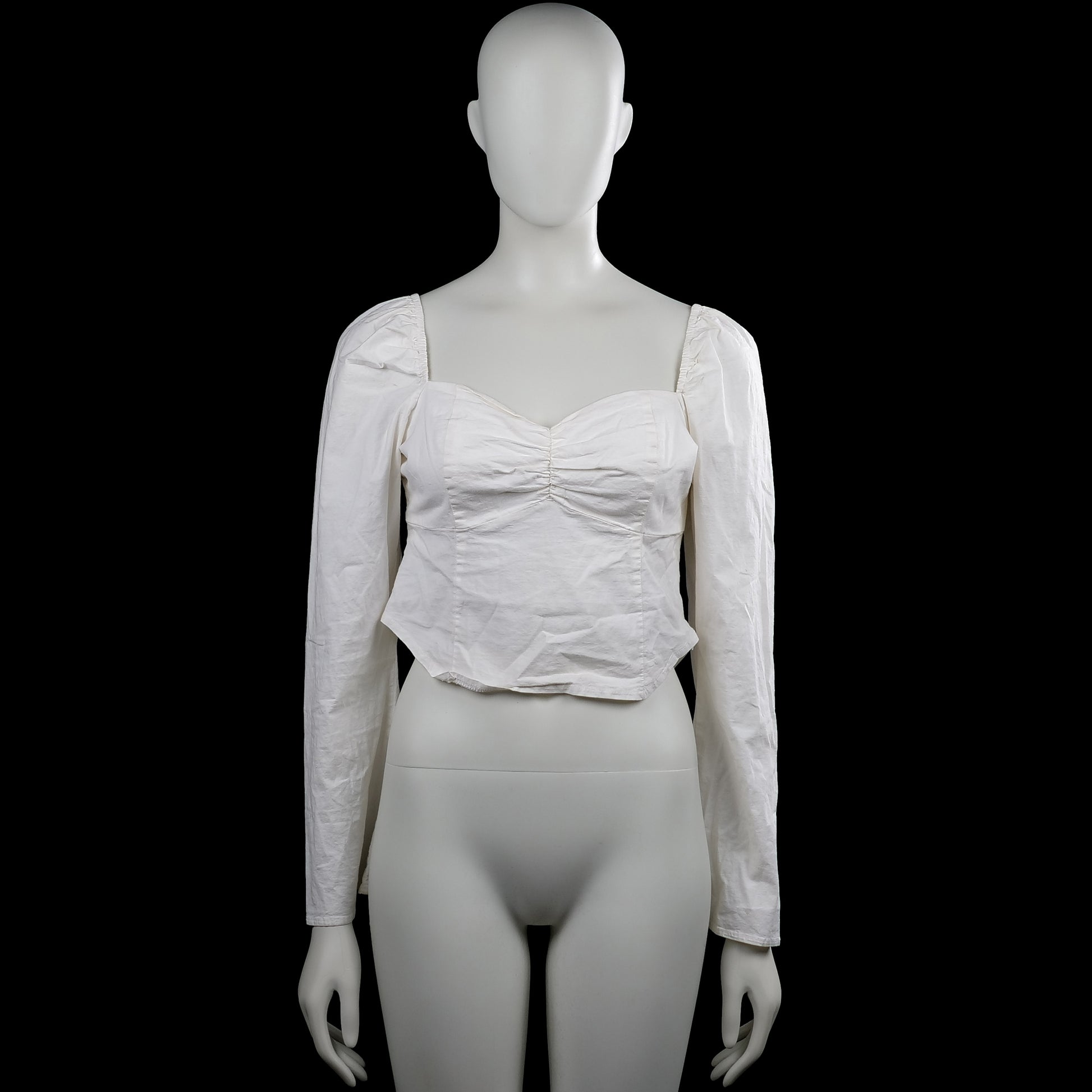 Nelly - Blouse - White - Size 38 - White solid top with a squared neckline and long sleeves with plain cuffs. Features ruched detailing at the center front and an asymmetrical pointed hem.