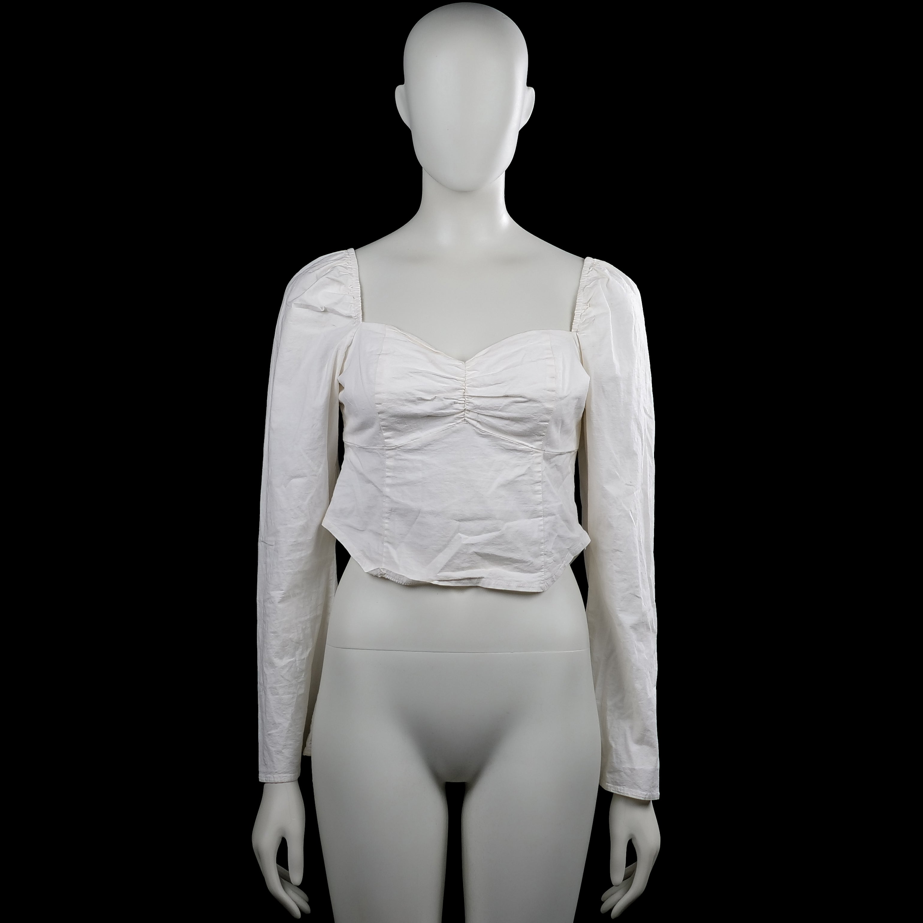 Nelly - Blouse - White - Size 38 - White solid top with a squared neckline and long sleeves with plain cuffs. Features ruched detailing at the center front and an asymmetrical pointed hem.