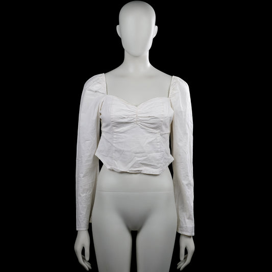 Nelly - Blouse - White - Size 38 - White solid top with a squared neckline and long sleeves with plain cuffs. Features ruched detailing at the center front and an asymmetrical pointed hem.