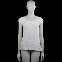 Amisu - Blouse - White - Size L - White solid top with a scoop neckline and short sleeves. Features a straight hem and a back keyhole opening with a button closure.