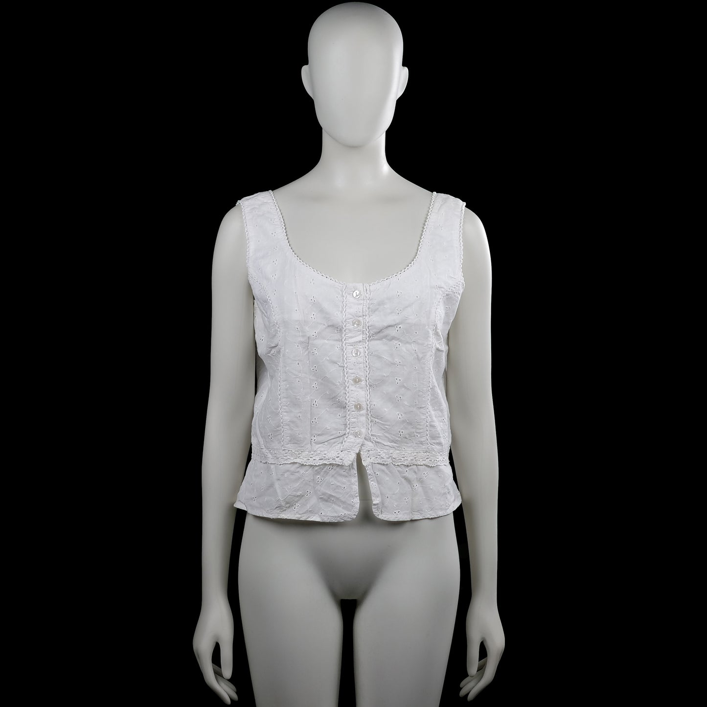 Casablanca - Tank top - White - Size 40 - White sleeveless top with a scoop neckline and a button-front closure. Features a straight hem with lace trim and small cutout detailing throughout.