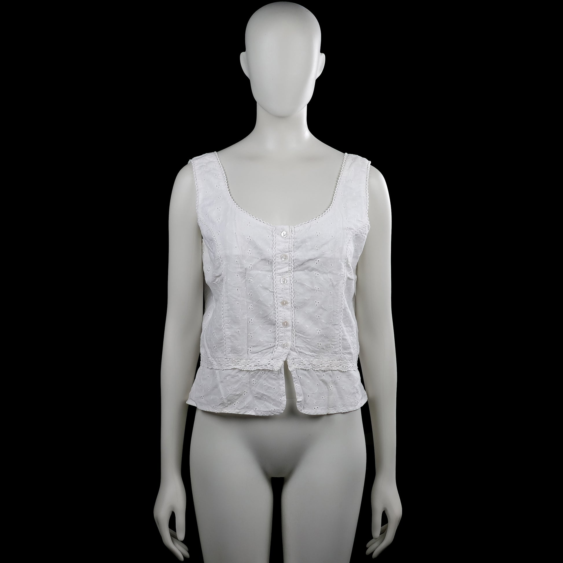 Casablanca - Tank top - White - Size 40 - White sleeveless top with a scoop neckline and a button-front closure. Features a straight hem with lace trim and small cutout detailing throughout.