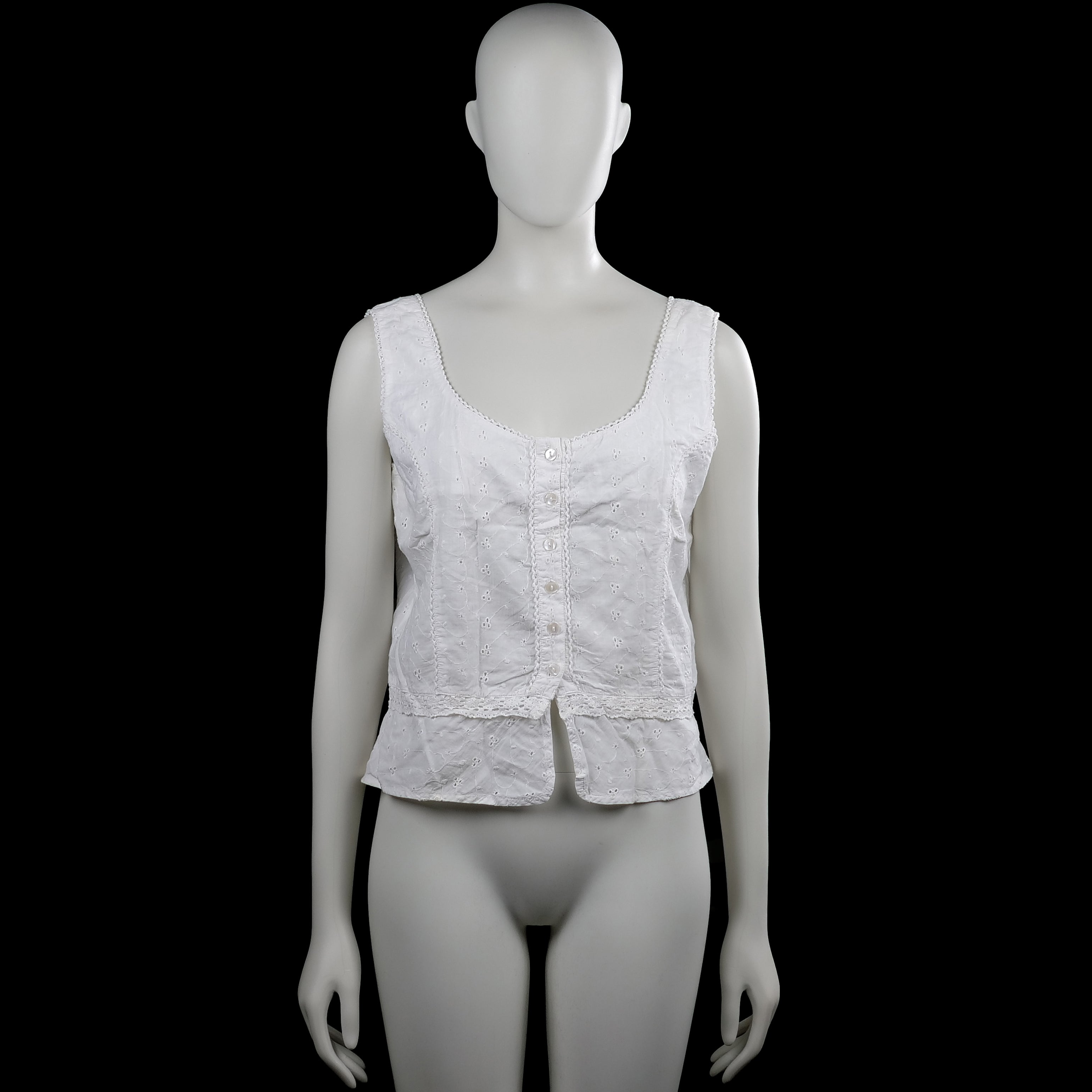 Casablanca - Tank top - White - Size 40 - White sleeveless top with a scoop neckline and a button-front closure. Features a straight hem with lace trim and small cutout detailing throughout.