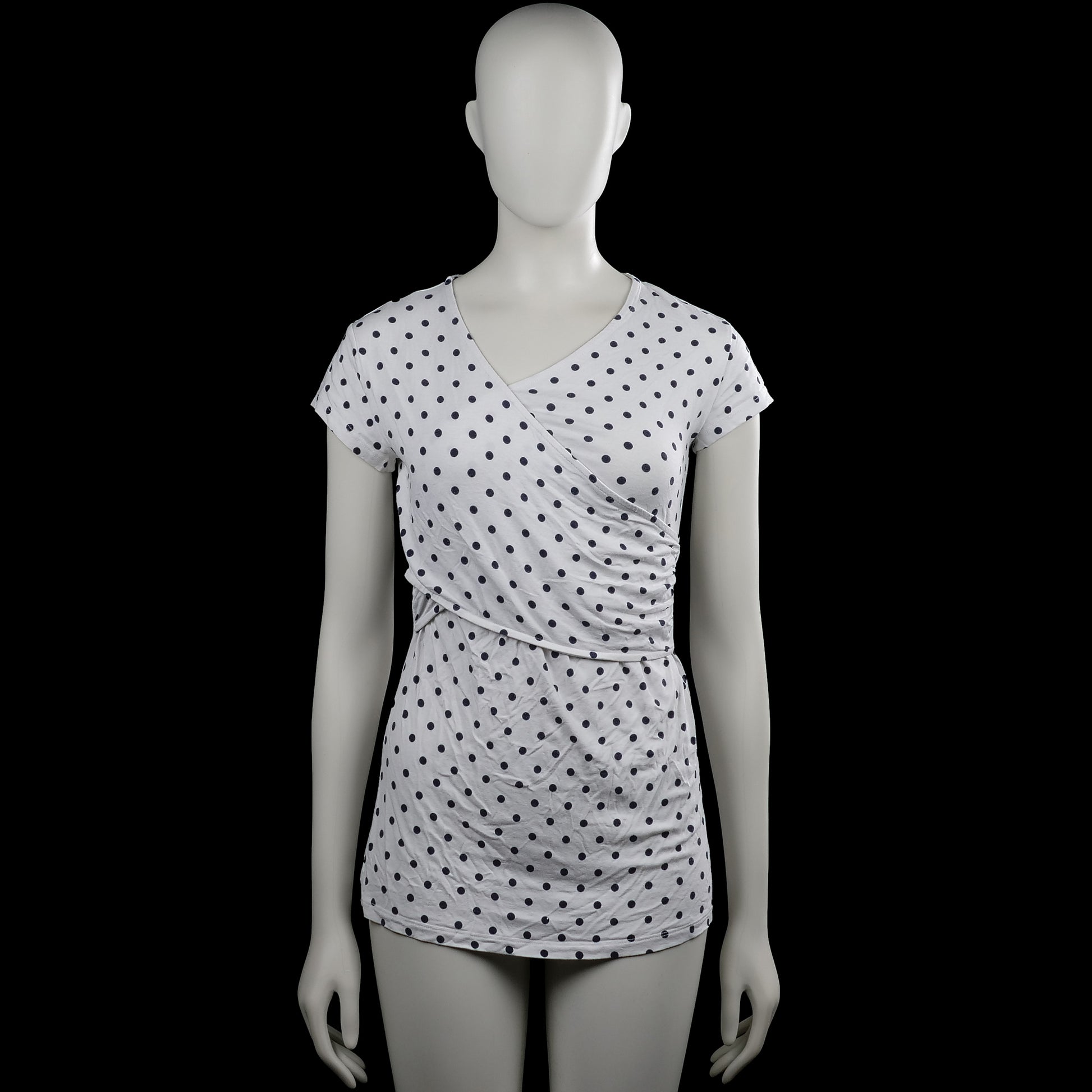 Envie de fraise - T-shirt - White & Black - Size S - White top with black polka dots and a V-neck wrap-style front. Features short sleeves with plain cuffs and a straight hem.