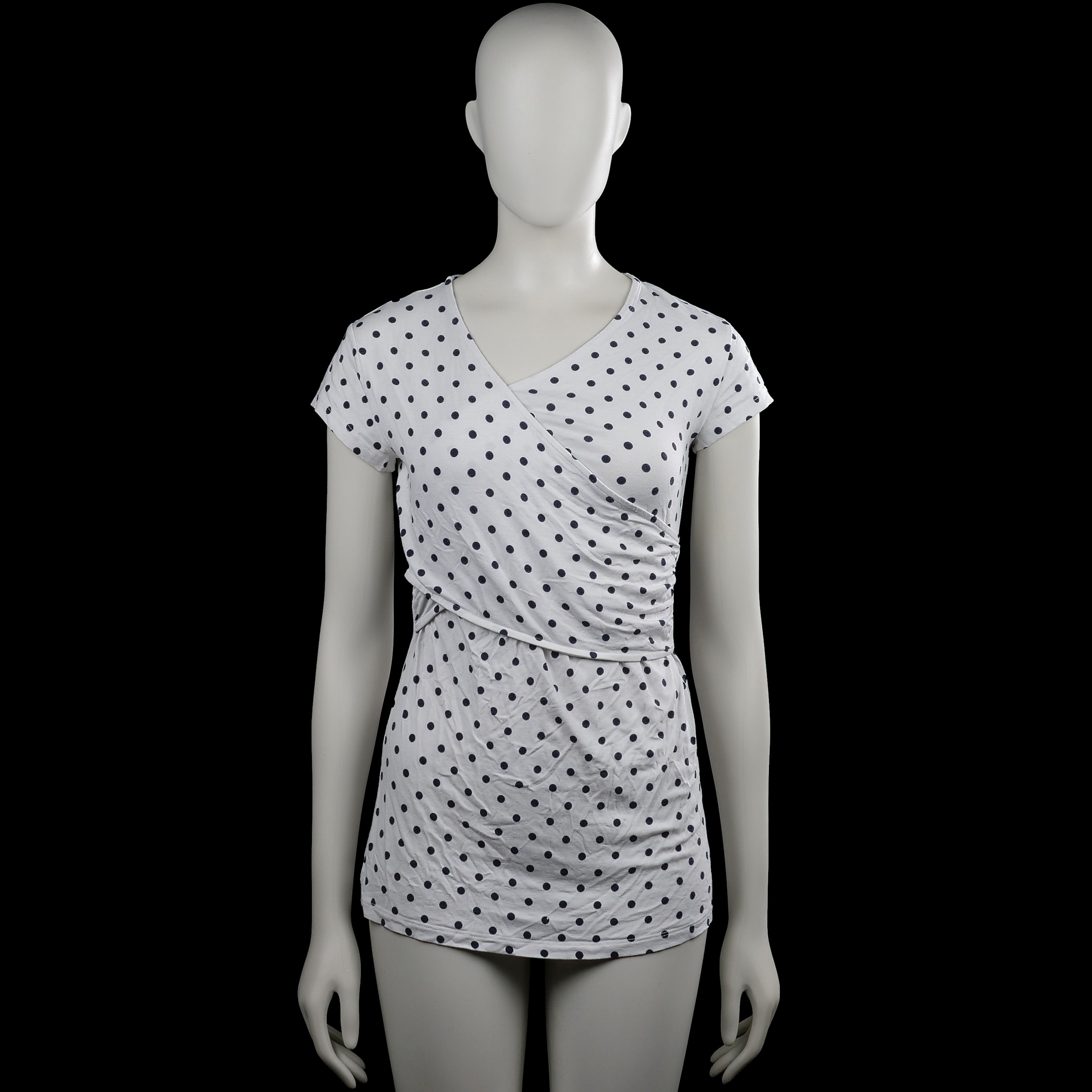 Envie de fraise - T-shirt - White & Black - Size S - White top with black polka dots and a V-neck wrap-style front. Features short sleeves with plain cuffs and a straight hem.