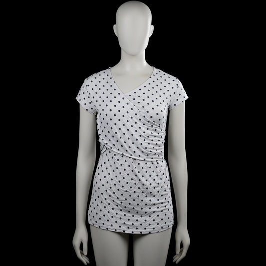 Envie de fraise - T-shirt - White & Black - Size S - White top with black polka dots and a V-neck wrap-style front. Features short sleeves with plain cuffs and a straight hem.