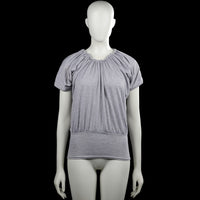 T-shirt - Light Gray - Size L - Light gray solid top with a gathered scoop neckline and short sleeves. Elastic hem and plain sleeve cuffs.