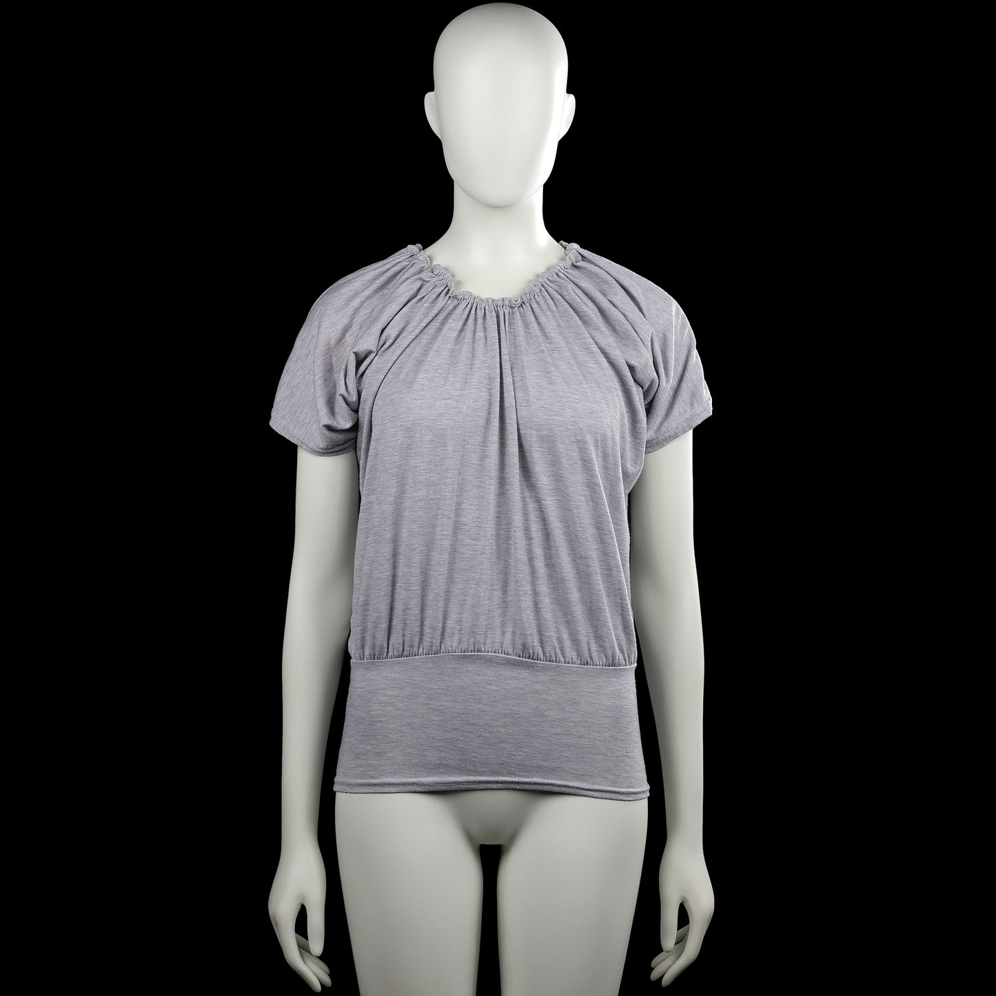 T-shirt - Light Gray - Size L - Light gray solid top with a gathered scoop neckline and short sleeves. Elastic hem and plain sleeve cuffs.