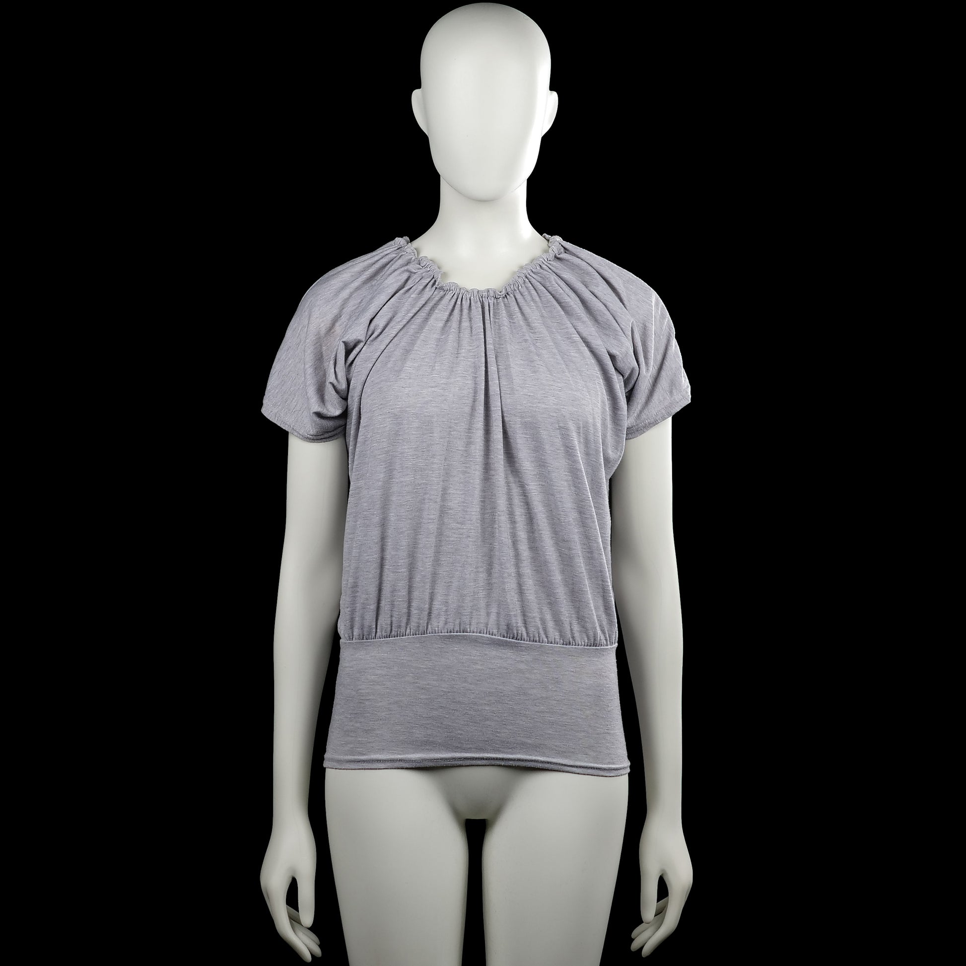 T-shirt - Light Gray - Size L - Light gray solid top with a gathered scoop neckline and short sleeves. Elastic hem and plain sleeve cuffs.