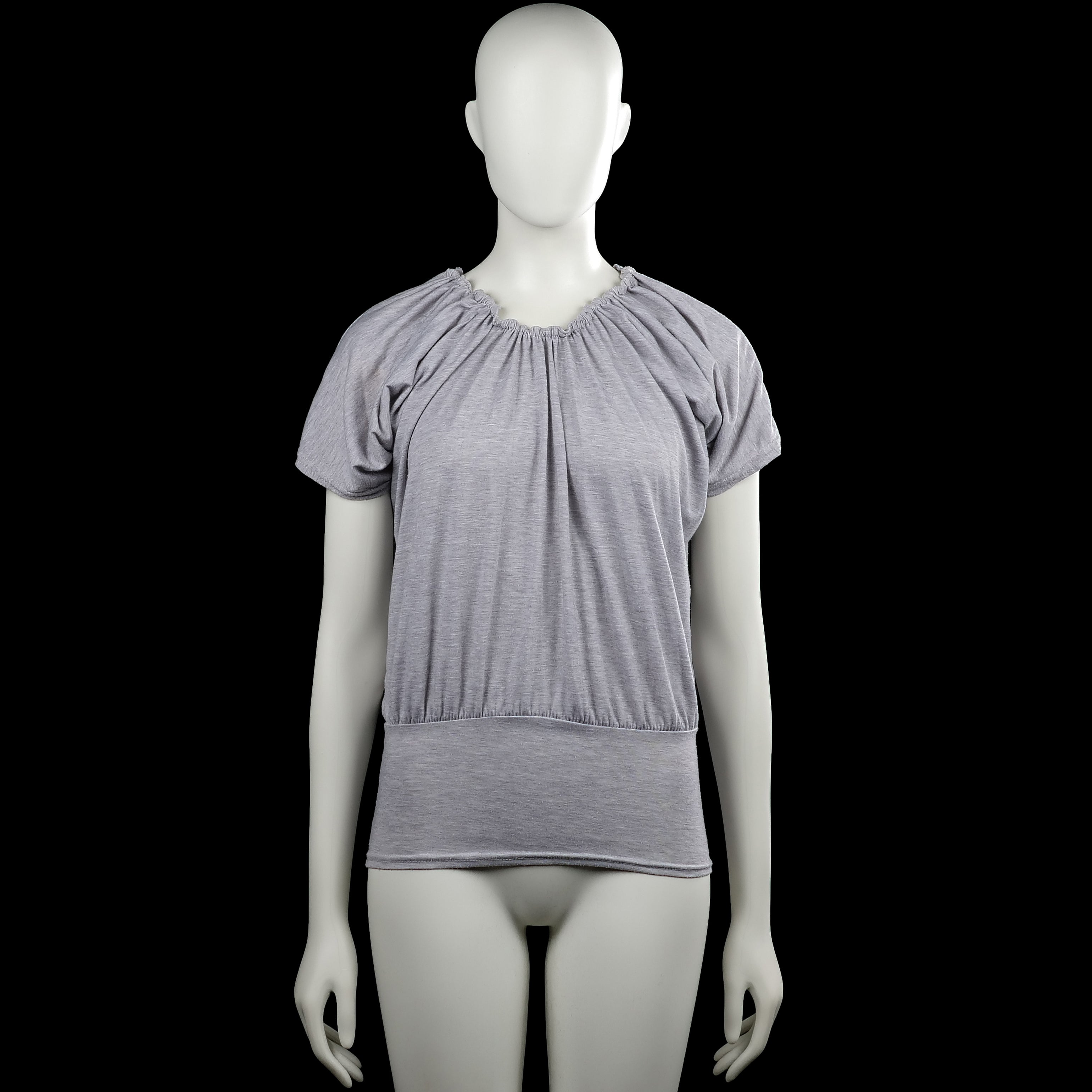 T-shirt - Light Gray - Size L - Light gray solid top with a gathered scoop neckline and short sleeves. Elastic hem and plain sleeve cuffs.