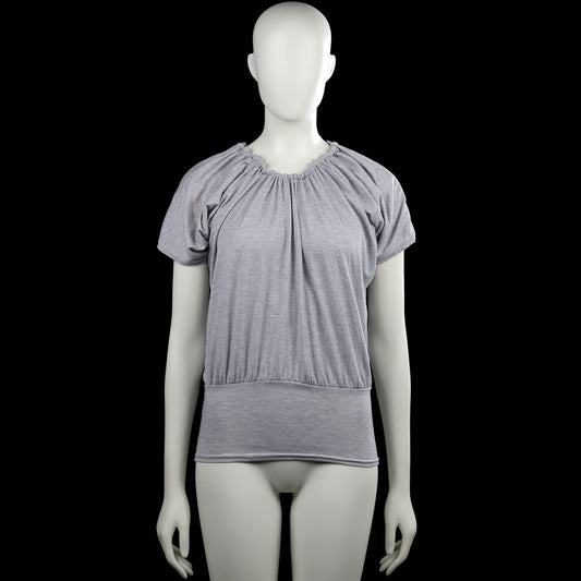 T-shirt - Light Gray - Size L - Light gray solid top with a gathered scoop neckline and short sleeves. Elastic hem and plain sleeve cuffs.