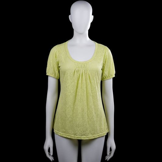 Flash - T-shirt - Lime - Size S - Lime top with a subtle all-over print, scoop neckline, and short sleeves with plain cuffs. Features pleats at the center front and a curved hem.