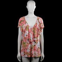 Tunic - Pink & White - Size XL - Pink and white floral top with a V-neckline and layered ruffle detail at the front. Features short flutter sleeves with plain cuffs and a straight hem.