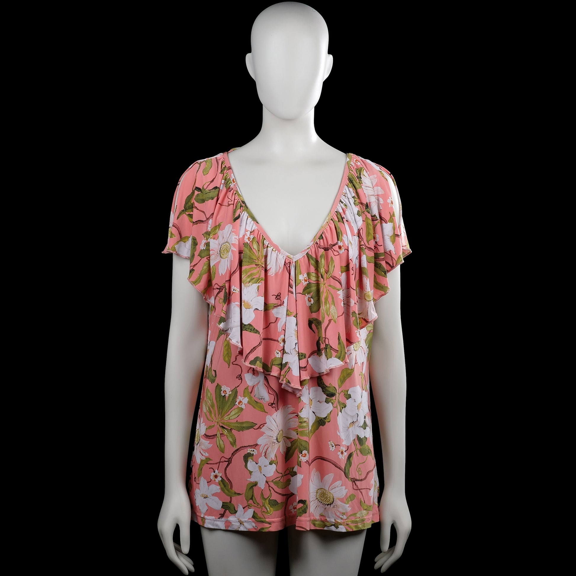Tunic - Pink & White - Size XL - Pink and white floral top with a V-neckline and layered ruffle detail at the front. Features short flutter sleeves with plain cuffs and a straight hem.