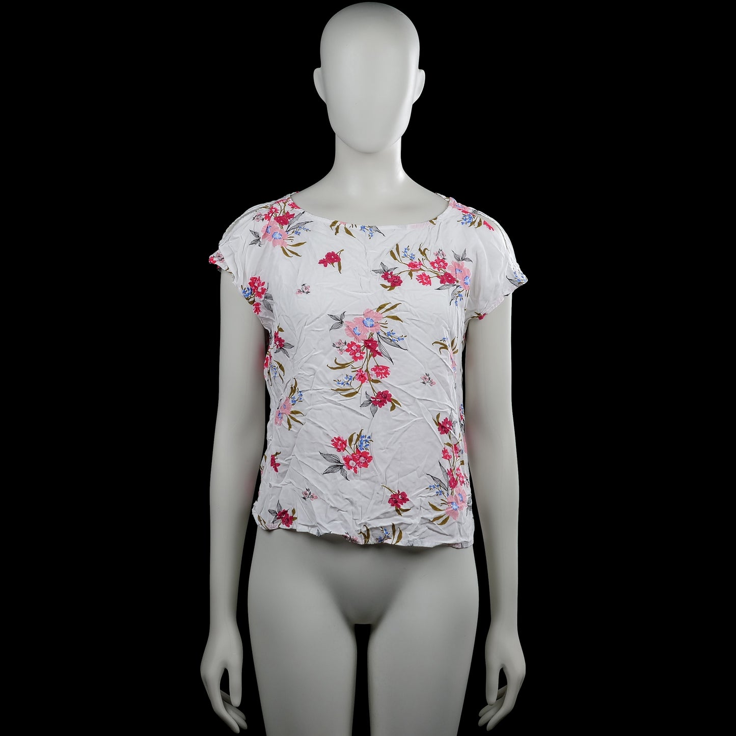 S.oliwen - T-shirt - White & Pink - Size 36 - White top with a floral pattern in pink, blue, and green, featuring a wide boat neckline and short sleeves. Straight hem with a back cutout and crisscross strap detail.