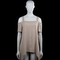 Tunic - Taupe - Size L - Taupe solid top with a squared neckline and wide shoulder straps, plus off-shoulder short sleeves. High-low hem with plain sleeve cuffs.