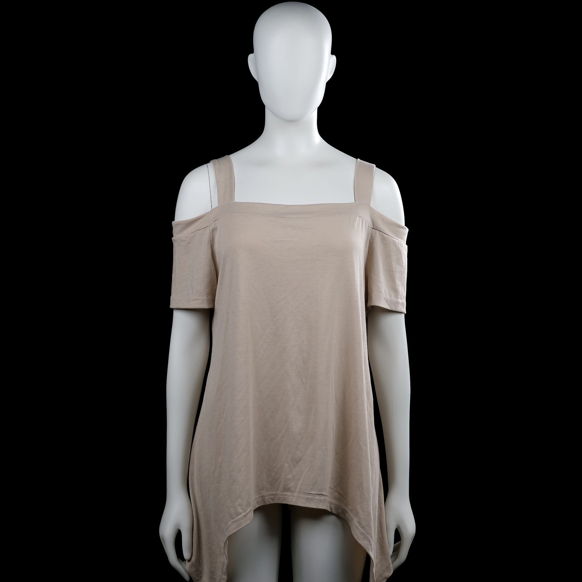 Tunic - Taupe - Size L - Taupe solid top with a squared neckline and wide shoulder straps, plus off-shoulder short sleeves. High-low hem with plain sleeve cuffs.