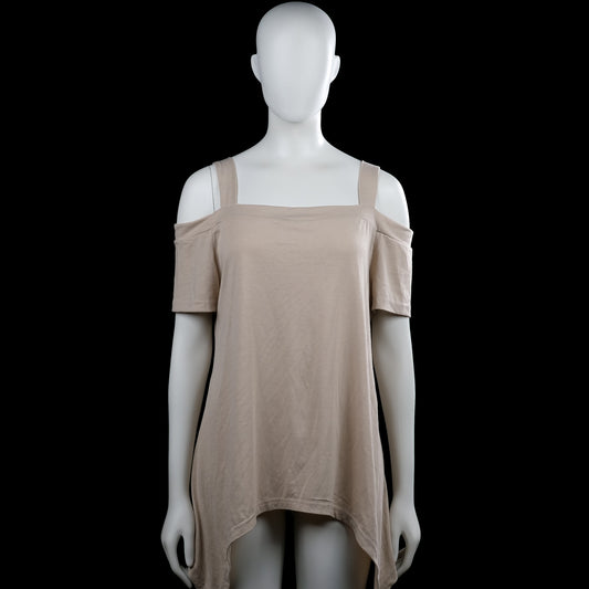 Tunic - Taupe - Size L - Taupe solid top with a squared neckline and wide shoulder straps, plus off-shoulder short sleeves. High-low hem with plain sleeve cuffs.