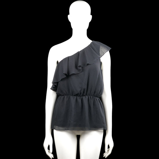 Rut&circle - Blouse - Charcoal - Size 36 - Charcoal solid one-shoulder top with a layered ruffle along the neckline and an elastic waist. Sleeveless design with a straight hem.