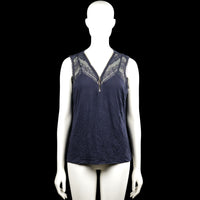 Morgan - Tank top - Navy - Size XL - Navy solid sleeveless top with a V-neckline and lace panels at the shoulders and upper chest. Features a short zipper at the center front and a straight hem.