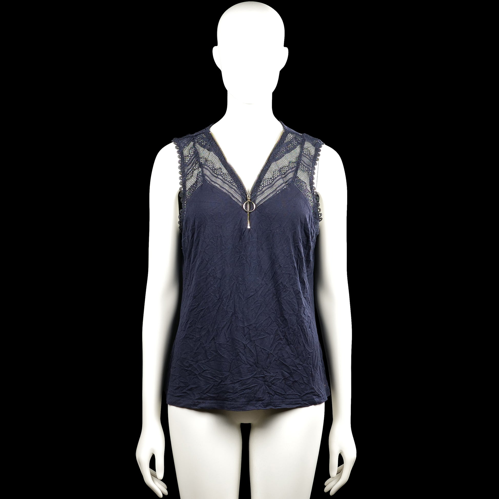 Morgan - Tank top - Navy - Size XL - Navy solid sleeveless top with a V-neckline and lace panels at the shoulders and upper chest. Features a short zipper at the center front and a straight hem.