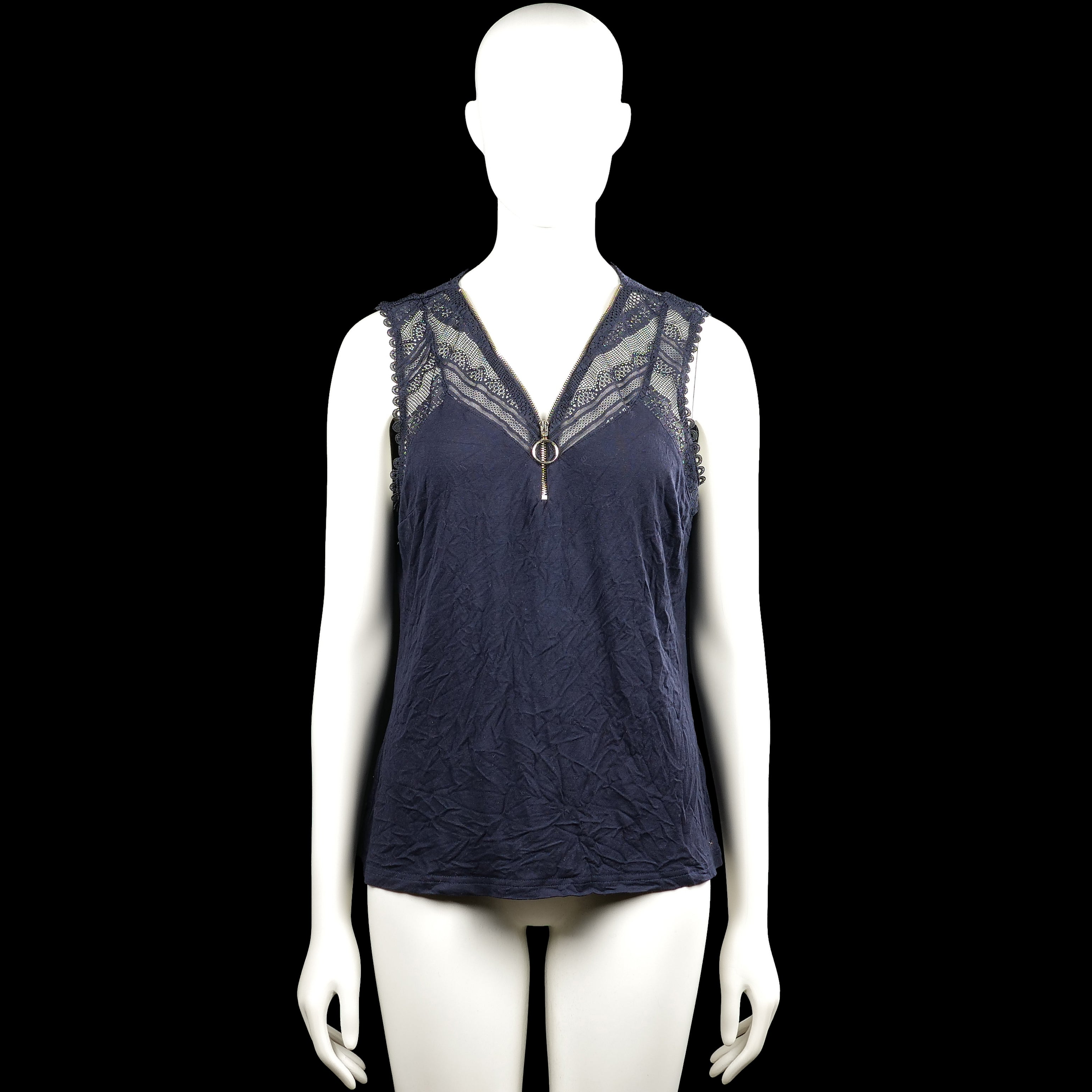 Morgan - Tank top - Navy - Size XL - Navy solid sleeveless top with a V-neckline and lace panels at the shoulders and upper chest. Features a short zipper at the center front and a straight hem.