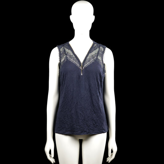 Morgan - Tank top - Navy - Size XL - Navy solid sleeveless top with a V-neckline and lace panels at the shoulders and upper chest. Features a short zipper at the center front and a straight hem.