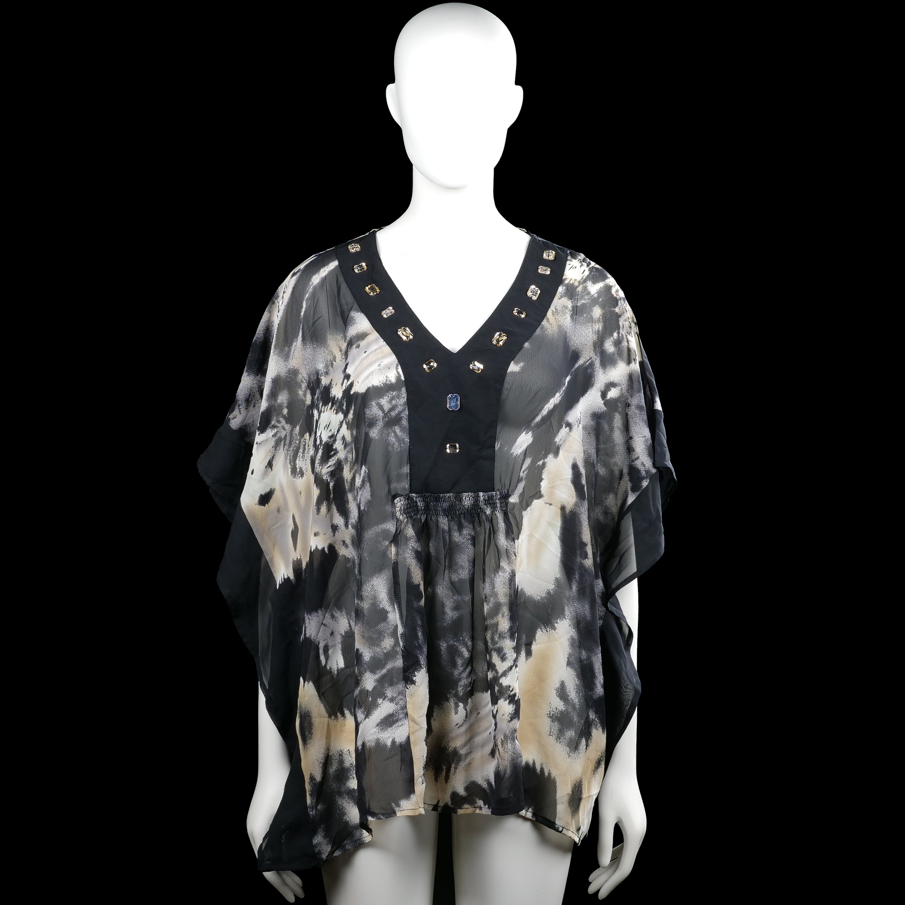 Micha - Tunic - Black & Ivory - Size 44 - Black and ivory printed top with a V-neck trimmed in black and stud details. Short wide sleeves with plain cuffs and a straight hem.