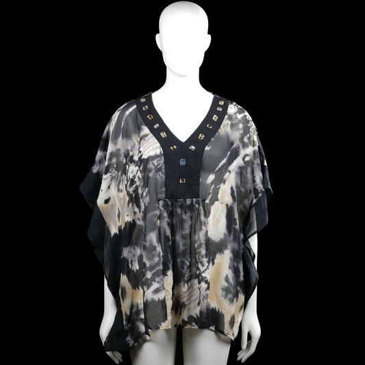 Micha - Tunic - Black & Ivory - Size 44 - Black and ivory printed top with a V-neck trimmed in black and stud details. Short wide sleeves with plain cuffs and a straight hem.