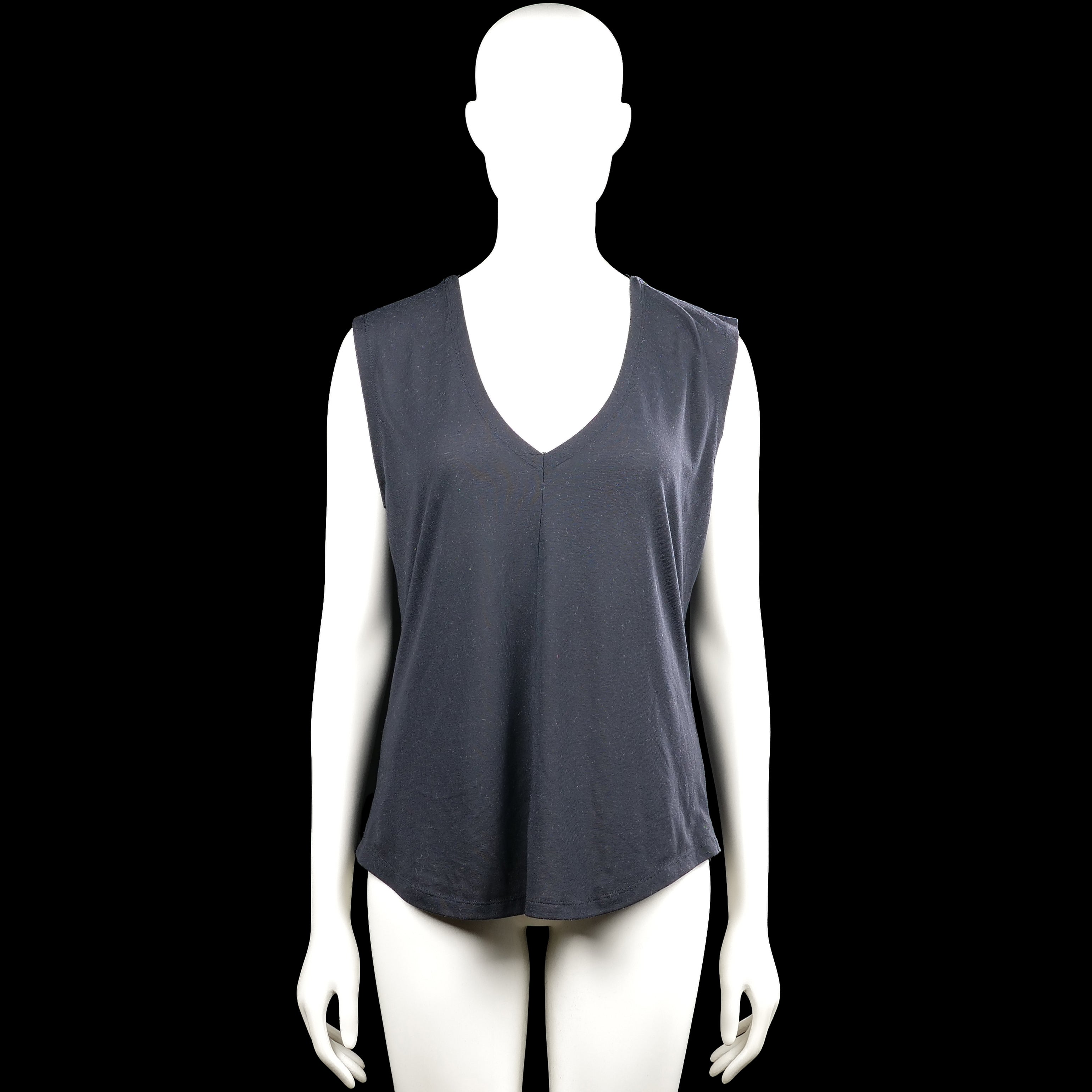 Soc - Tank top - Navy - Size M - Navy solid sleeveless top with a V-neckline and a center front seam. Curved hem and plain arm openings, with a narrow strap visible at the upper back.