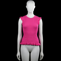 Costes - Tank top - Pink - Size S - Pink solid sleeveless ribbed top with a round neck and ruffled shoulder edges. Ruffled hem.