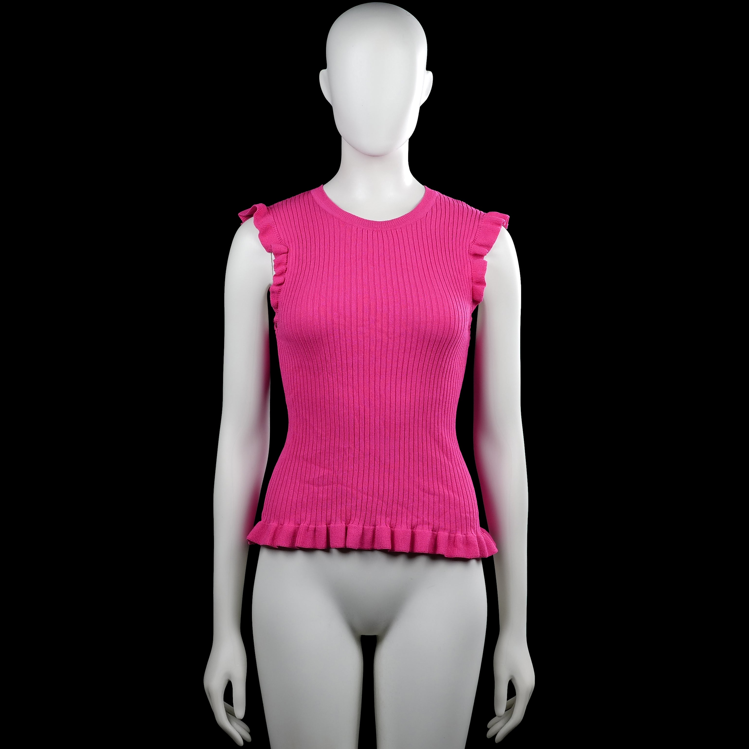 Costes - Tank top - Pink - Size S - Pink solid sleeveless ribbed top with a round neck and ruffled shoulder edges. Ruffled hem.