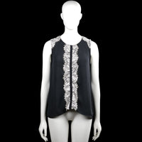 Shk mode - Tank top - Black & White - Size S, M - Black sleeveless top with a round neckline and white lace trim on the shoulders and down the center front. Curved hem and a visible back zipper closure.