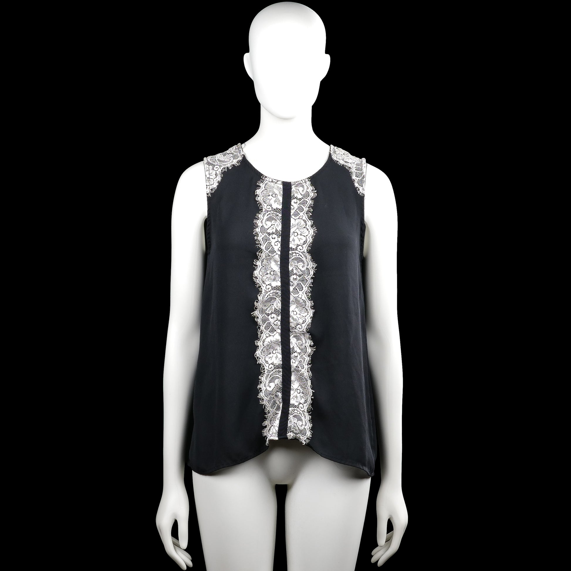 Shk mode - Tank top - Black & White - Size S, M - Black sleeveless top with a round neckline and white lace trim on the shoulders and down the center front. Curved hem and a visible back zipper closure.