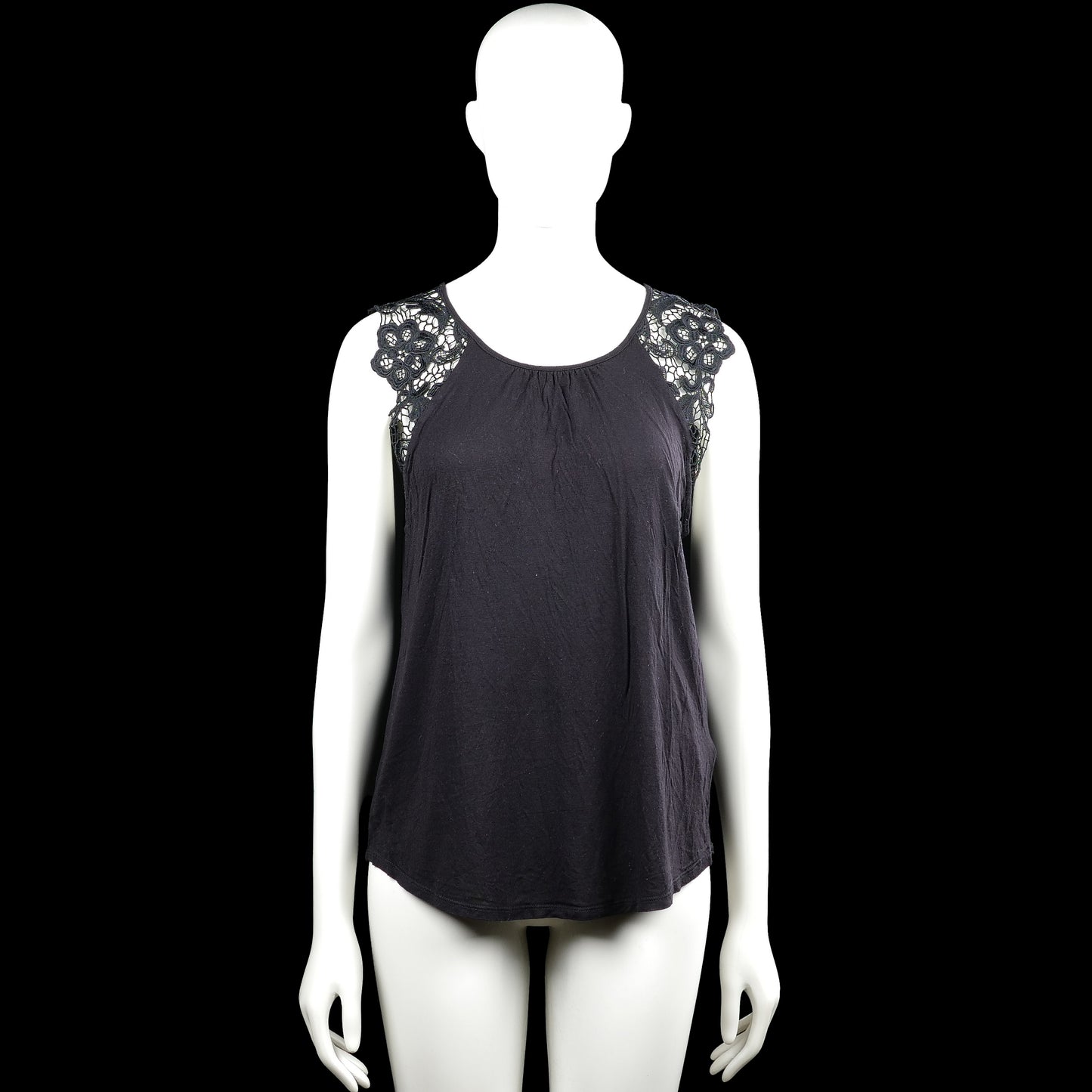 H&M - Tank top - Black - Size M - Black sleeveless top with a scoop neckline and lace panels at the shoulders. Curved hem with no visible closures.