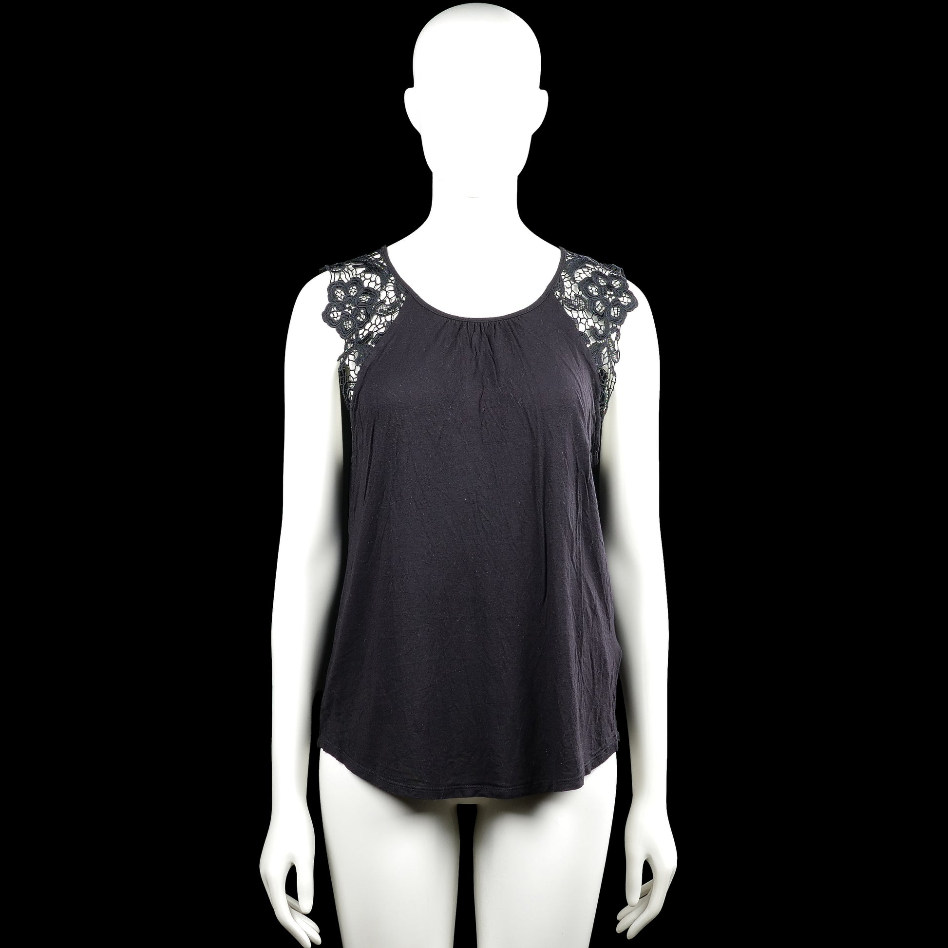H&M - Tank top - Black - Size M - Black sleeveless top with a scoop neckline and lace panels at the shoulders. Curved hem with no visible closures.