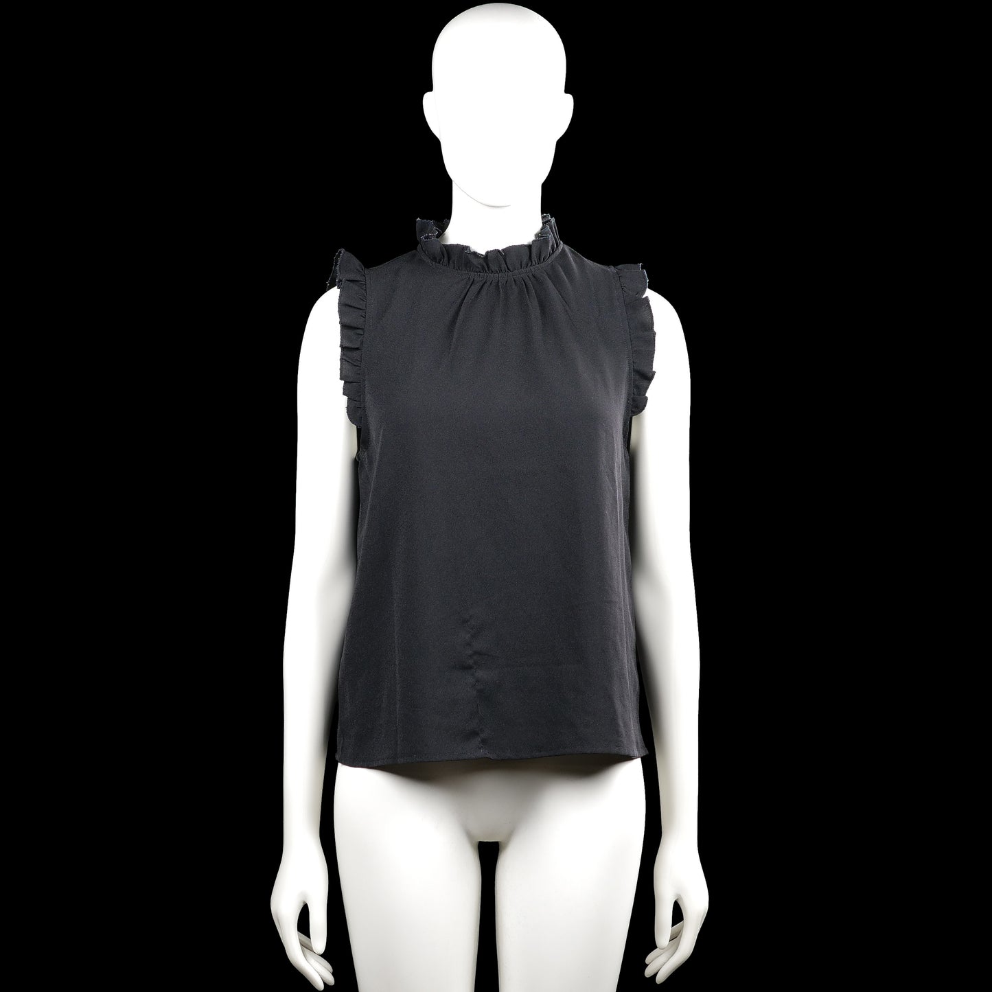 Shein - Blouse - Black - Size XS - Black solid sleeveless top with a ruffled high neckline and ruffle trim at the armholes. Straight hem and a back keyhole opening with a small button closure.