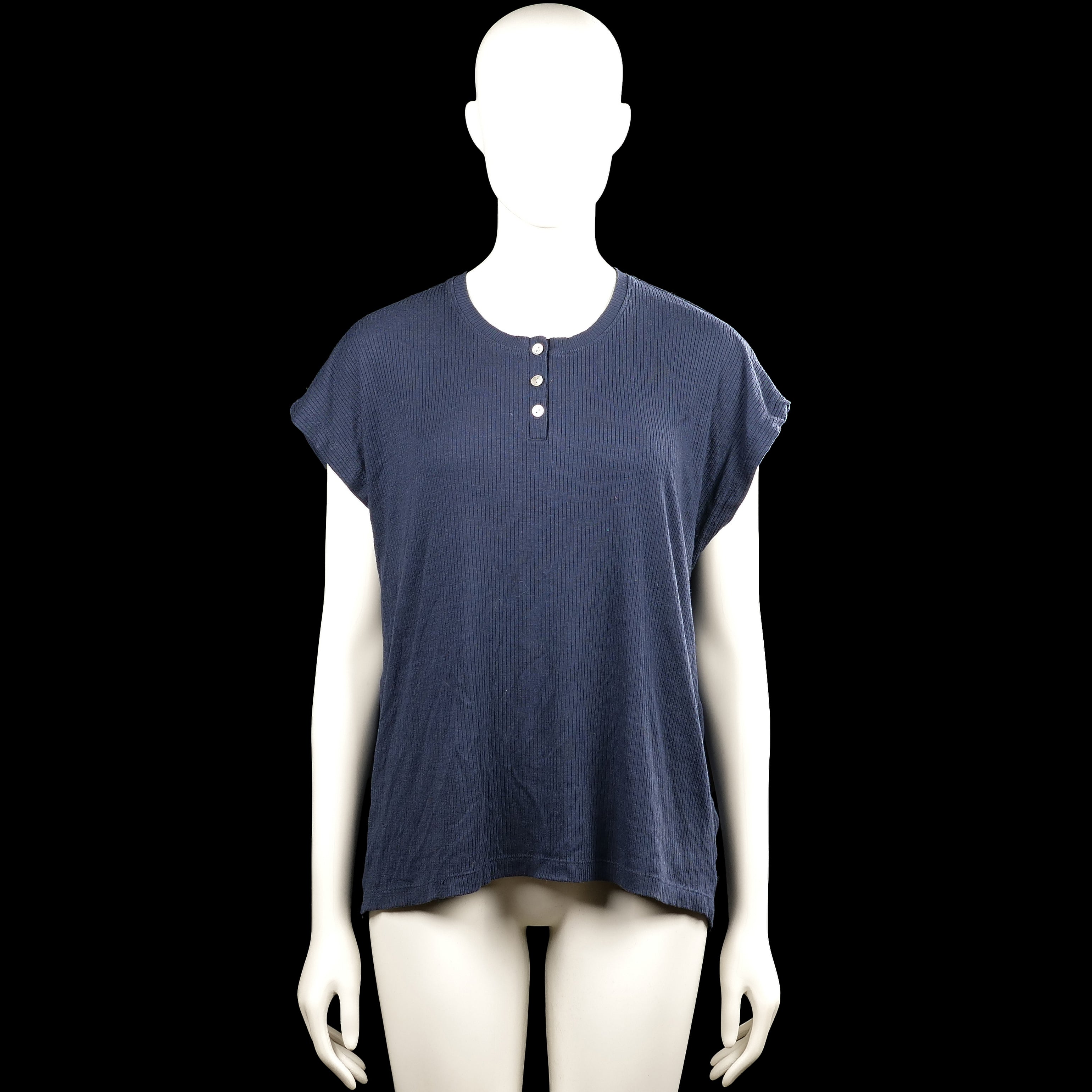 Livera - T-shirt - Navy - Size XL - Navy solid top with a round neck and short sleeves. Features a short button placket at the front and a straight hem.