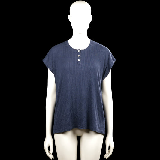 Livera - T-shirt - Navy - Size XL - Navy solid top with a round neck and short sleeves. Features a short button placket at the front and a straight hem.