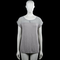 Soyaconcept - T-shirt - Light Gray & Gray - Size S - Light gray and gray solid top with a scoop neck and short sleeves. Features a small front button placket and a straight hem.