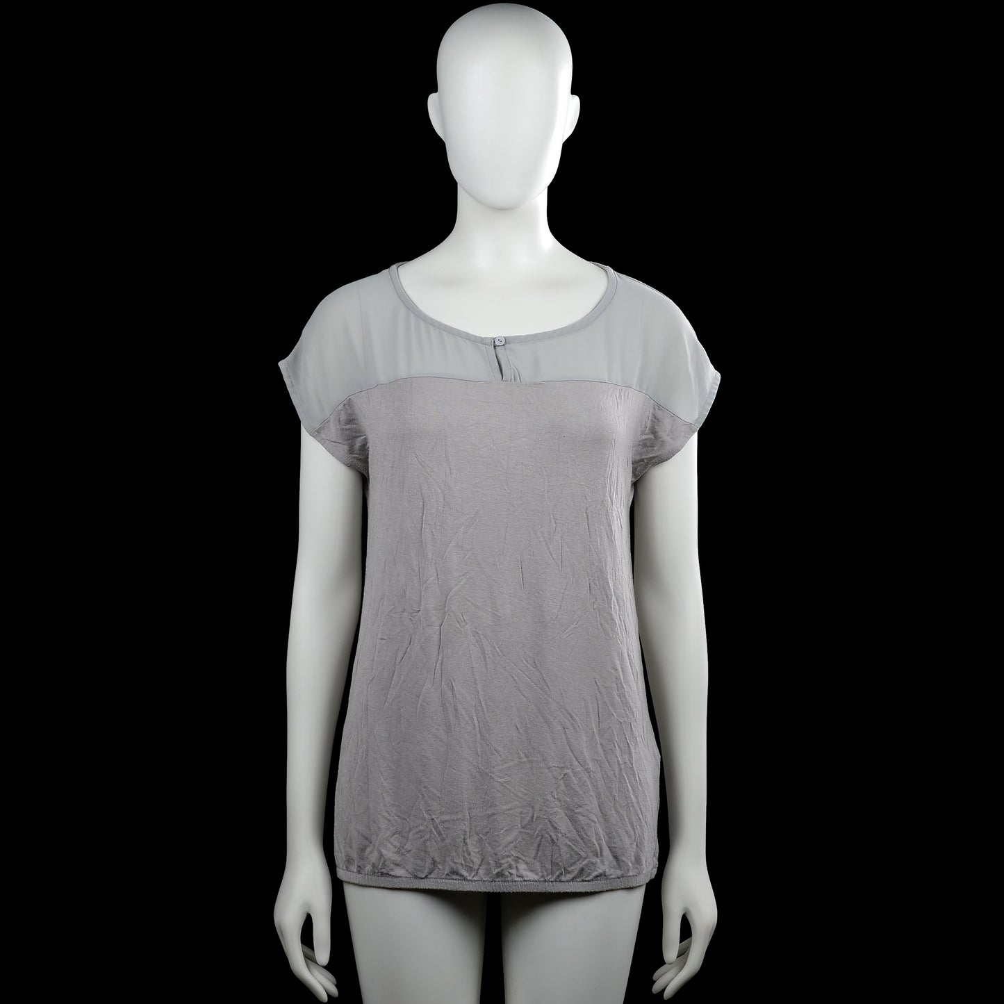 Soyaconcept - T-shirt - Light Gray & Gray - Size S - Light gray and gray solid top with a scoop neck and short sleeves. Features a small front button placket and a straight hem.