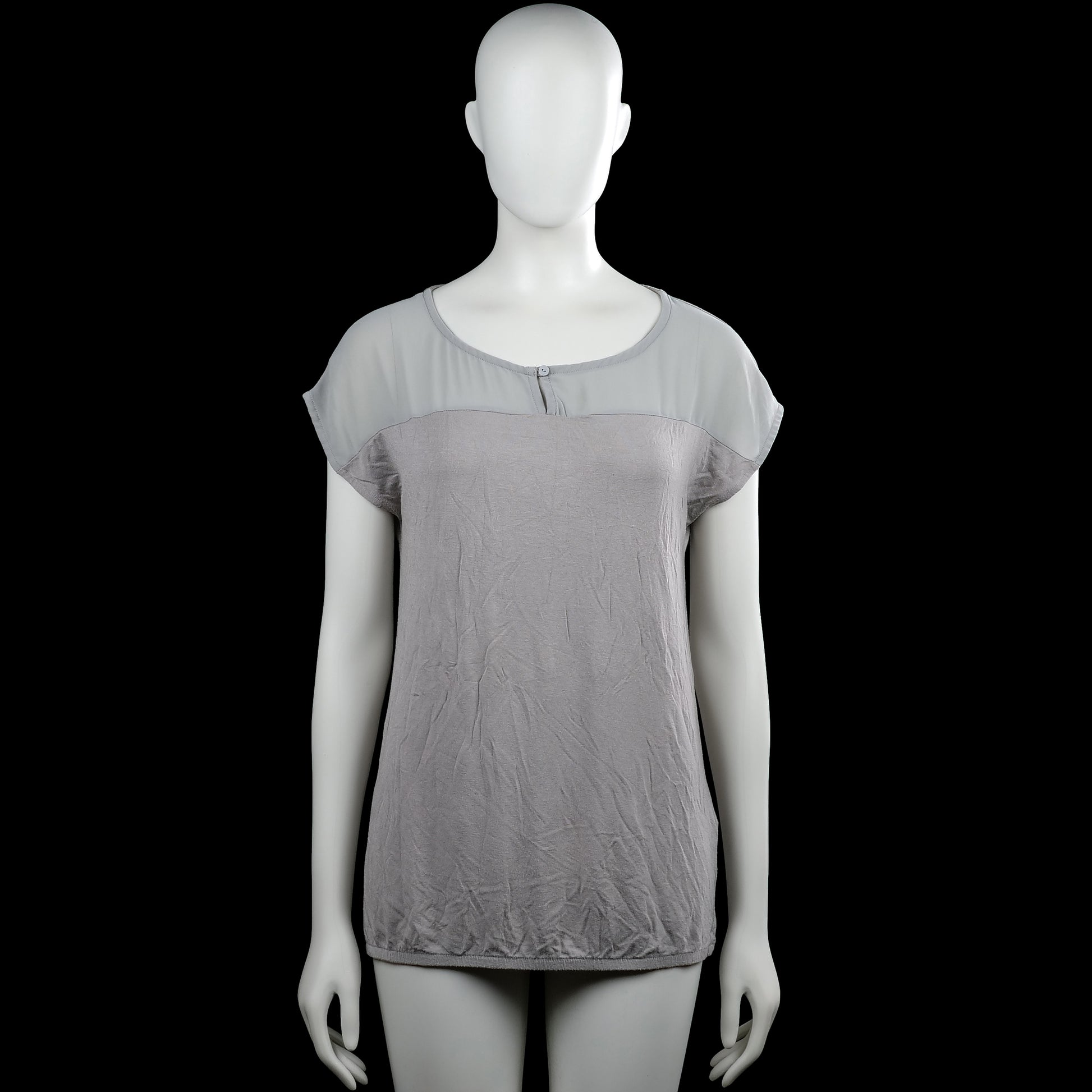 Soyaconcept - T-shirt - Light Gray & Gray - Size S - Light gray and gray solid top with a scoop neck and short sleeves. Features a small front button placket and a straight hem.