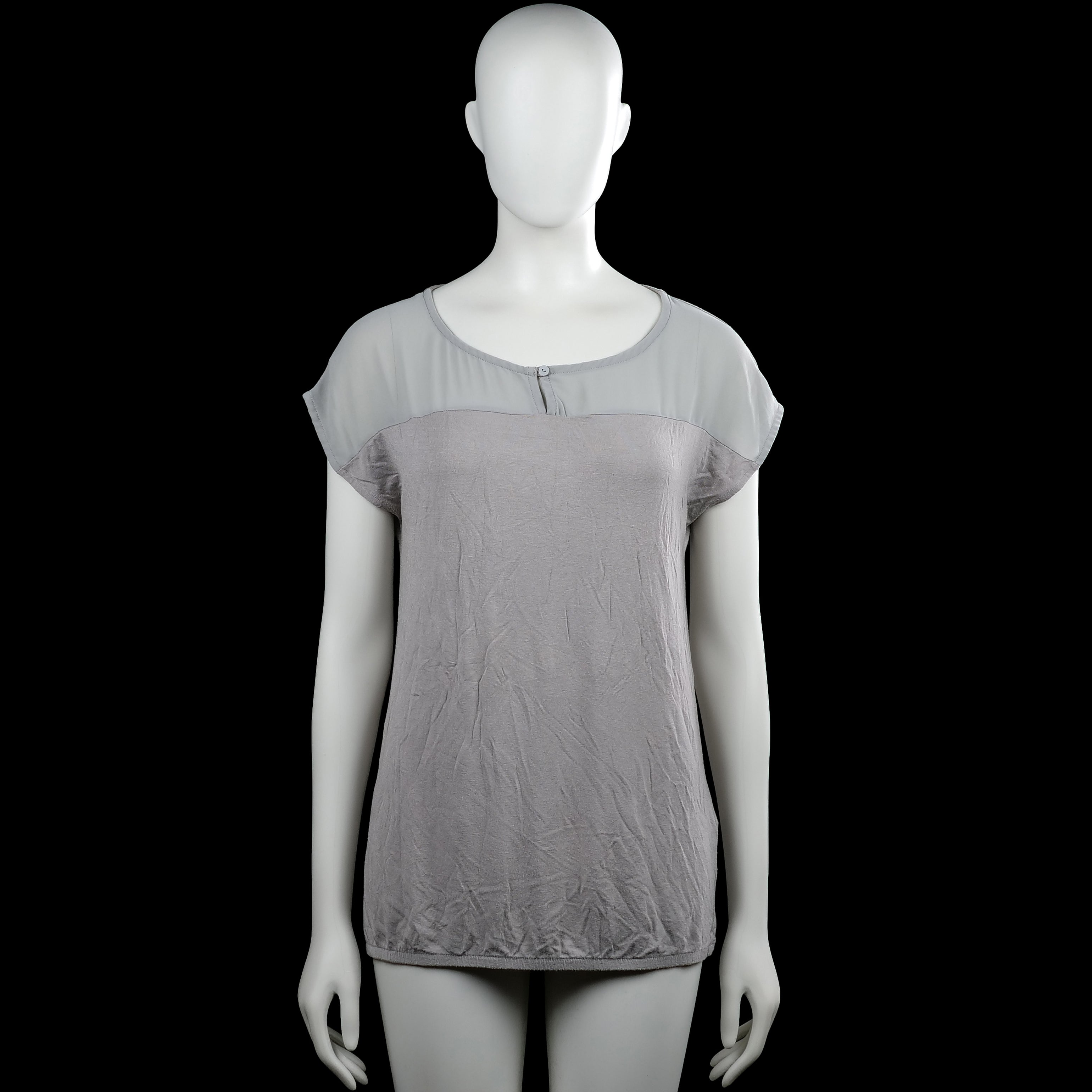 Soyaconcept - T-shirt - Light Gray & Gray - Size S - Light gray and gray solid top with a scoop neck and short sleeves. Features a small front button placket and a straight hem.